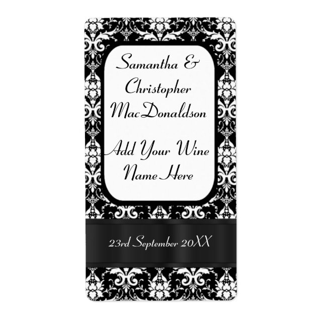 Black and white damask wedding wine bottle (Front)