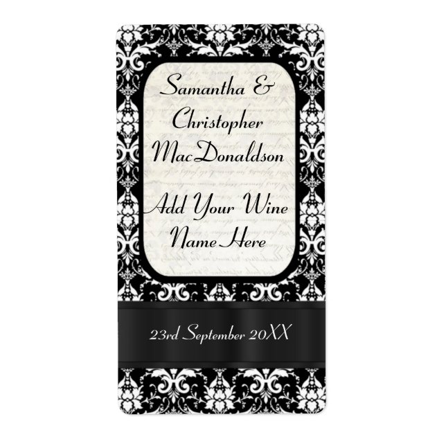 Black and white damask wedding wine bottle (Front)