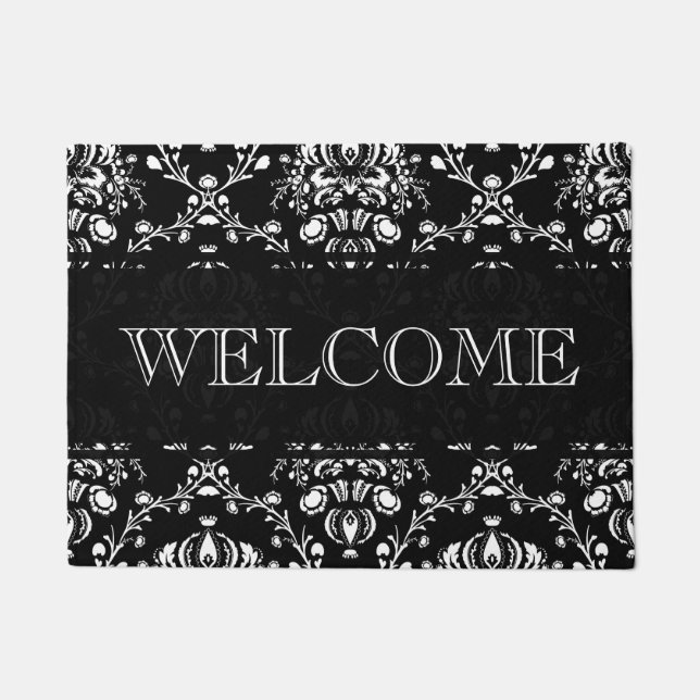 Black and White Damask Welcome Doormat (Front)