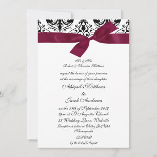 Black And White Damask With Burgundy Ribbon Invitation