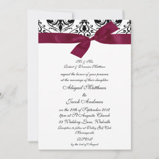 Black And White Damask With Burgundy Ribbon Invitation