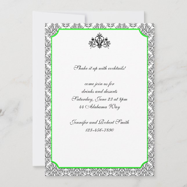 Black and White Damask with Lime Party Invitation (Front)