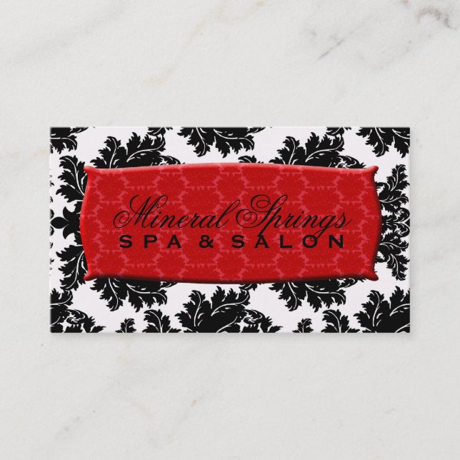 Black and White Damask with Red Damask Name Plate Business Card (Front)