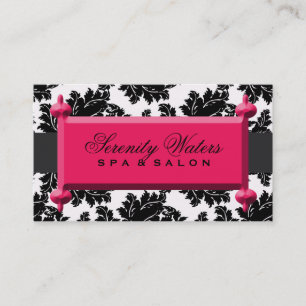 Black and White Damask with Red Magenta Name Plate Business Card