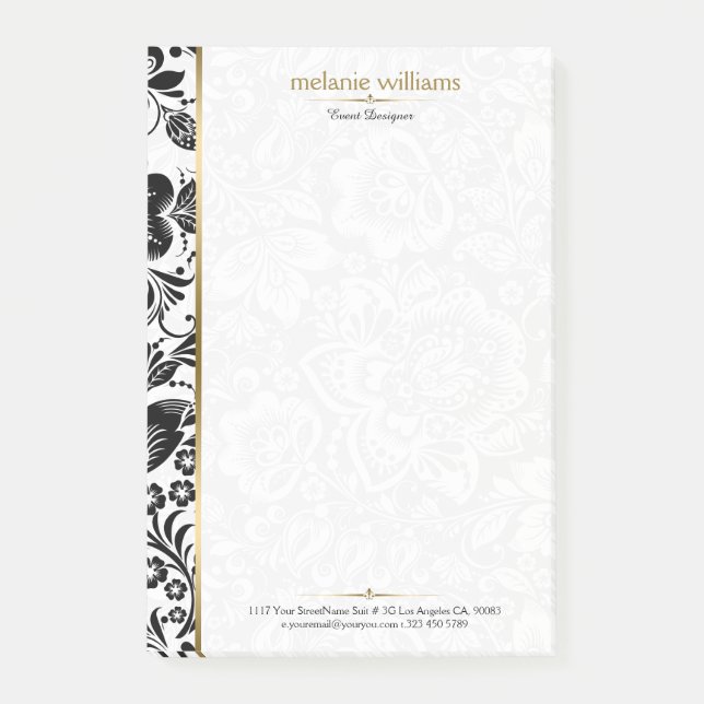 Black and white damasks gold accent post-it notes (Front)