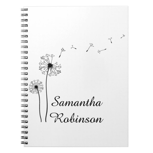 Black and White Dandelion Blowing in the Wind Notebook (Front)