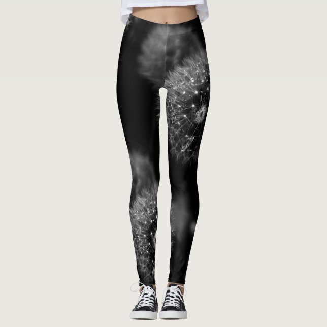 Black and White Dandelion Print Leggings (Front)