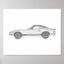 Black and White Datsun 240Z Nissan S30 Drawing