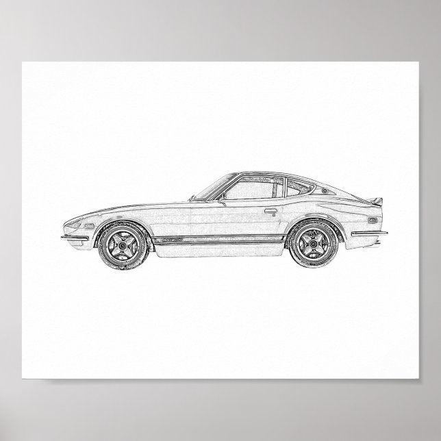 Black and White Datsun 240Z Nissan S30 Drawing Poster (Front)