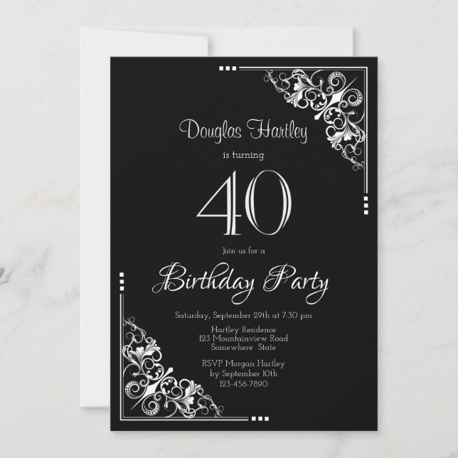 Black and White Decorative Border 40th Birthday Invitation (Front)