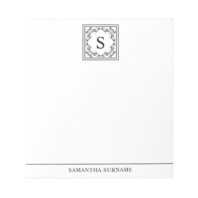 Black And White Decorative Frame Custom Monogram Notepad (Front)