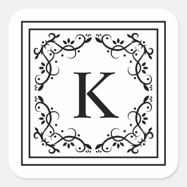Black And White Decorative Frame Custom Monogram Square Sticker (Front)