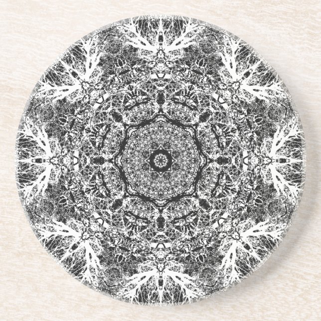 Black and White Decorative Round Pattern. Coaster (Front)