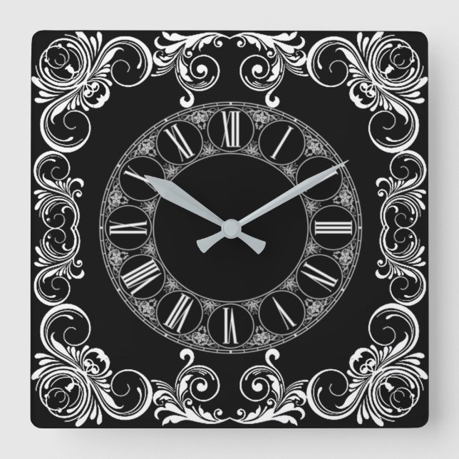 Black and white decorative square wall clock (Front)