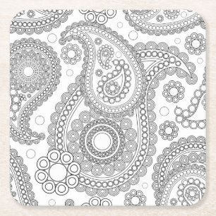 Black and White Delicate Ornate Paisley Square Paper Coaster