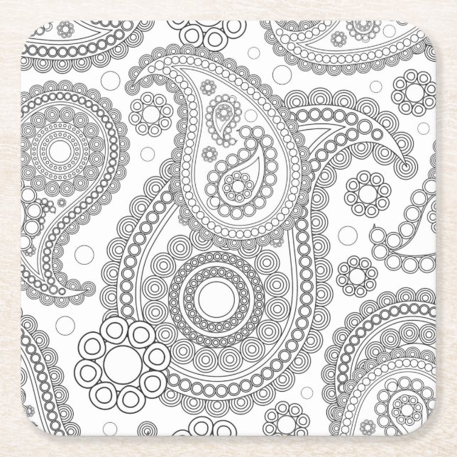 Black and White Delicate Ornate Paisley Square Paper Coaster (Front)