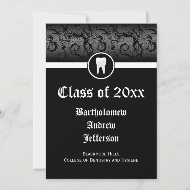 Black and White Dental School Graduation 5x7 Invitation (Front)