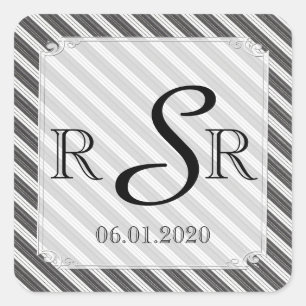 Black and White Diagonal Stripe Wedding Monogram Square Sticker