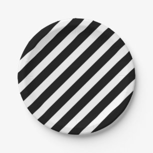 black and white diagonal stripes pattern paper plate