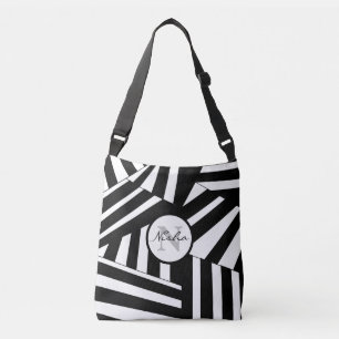 Black and White Diagonal Stripes Personalised Crossbody Bag