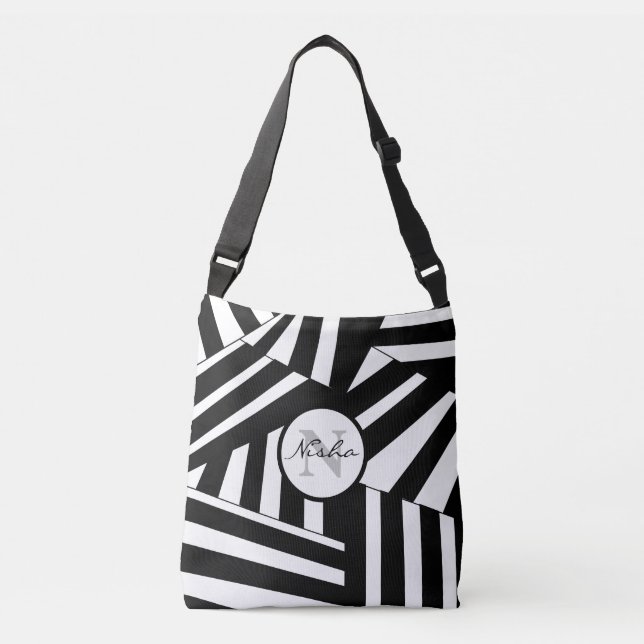 Black and White Diagonal Stripes Personalised Crossbody Bag (Front)