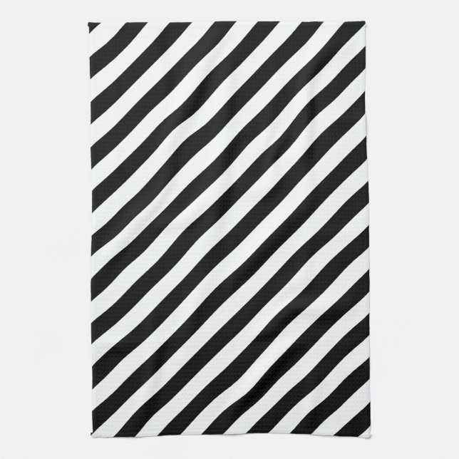 Black and White Diagonal Stripes. Tea Towel (Vertical)