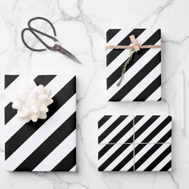 Black And White Diagonal Stripes Wrapping Paper Sheet (Front)
