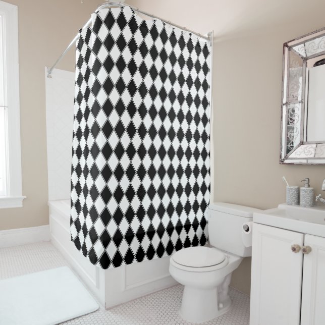 Black and White Diamond Argyle Pattern Shower Curtain (In Situ)