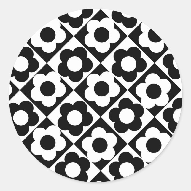 Black and White Diamond Check Flower Pattern Classic Round Sticker (Front)