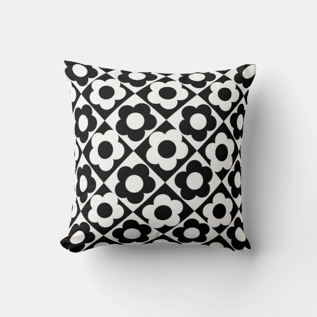 Black and White Diamond Check Flower Pattern Cushion (Front)