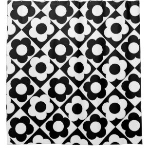 Black and White Diamond Check Flower Pattern Shower Curtain
