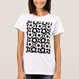 Black and White Diamond Check Flower Pattern T-Shirt