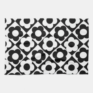 Black and White Diamond Check Flower Pattern Tea Towel