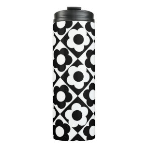 Black and White Diamond Check Flower Pattern Thermal Tumbler