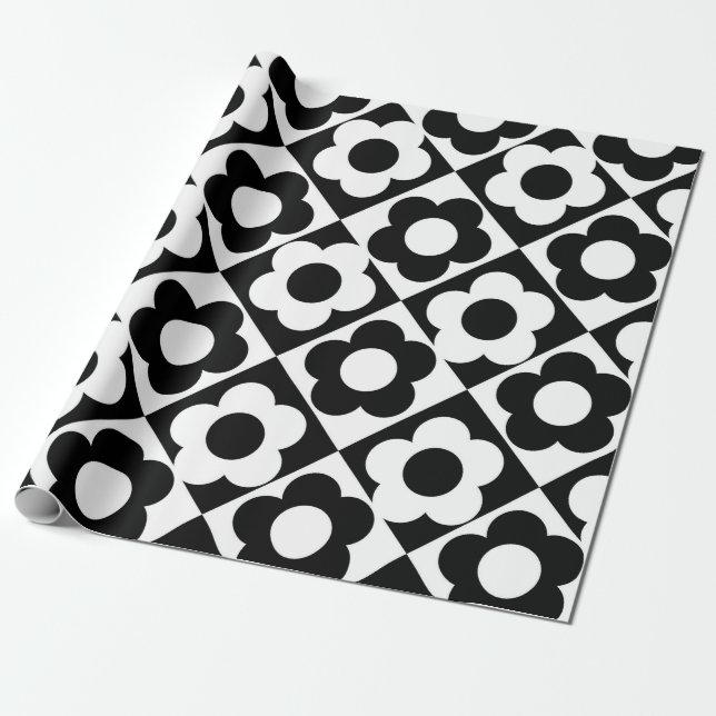 Black and White Diamond Check Flower Pattern Wrapping Paper (Unrolled)