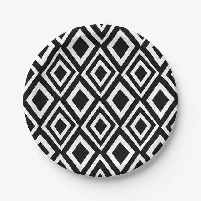 Black and White Diamond Geometric Party Paper Plate (Front)
