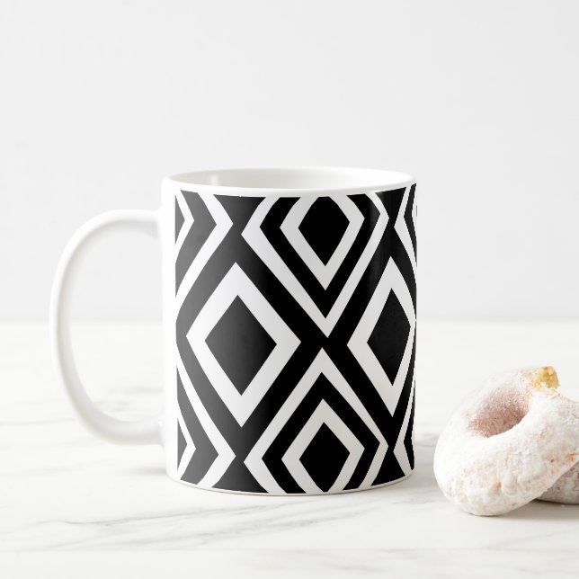 Black and White Diamond Geometric Pattern Coffee Mug (With Donut)