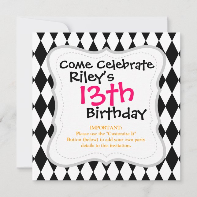 Black and White Diamond Harlequin Pattern Invitation (Front)