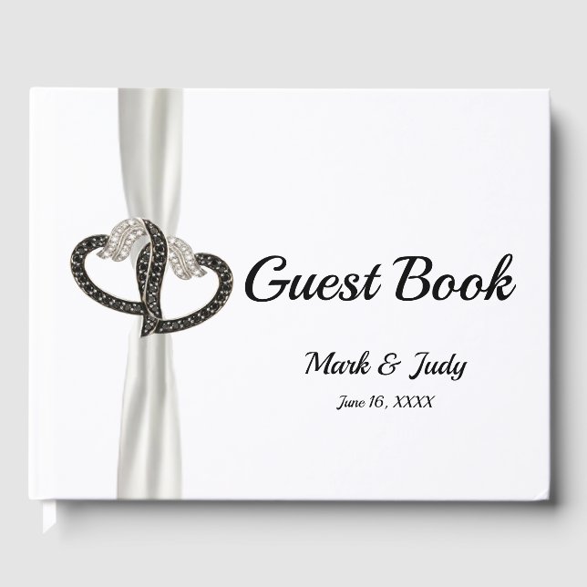 Black And White Diamond Hearts Wedding Guestbook (Front)