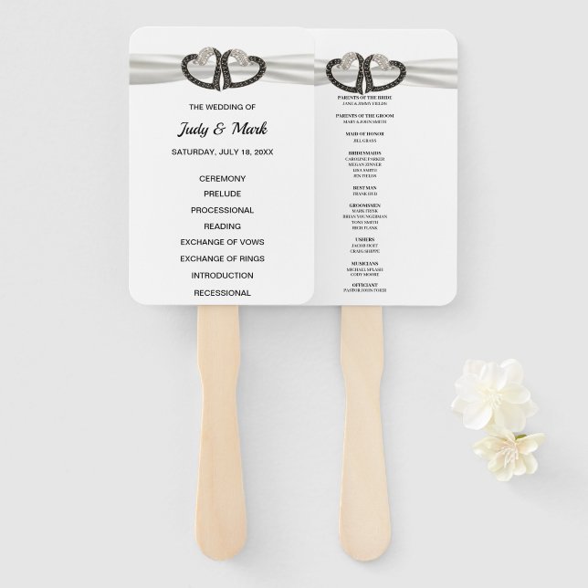 Black And White Diamond Hearts Wedding Program Fan (Front and Back)