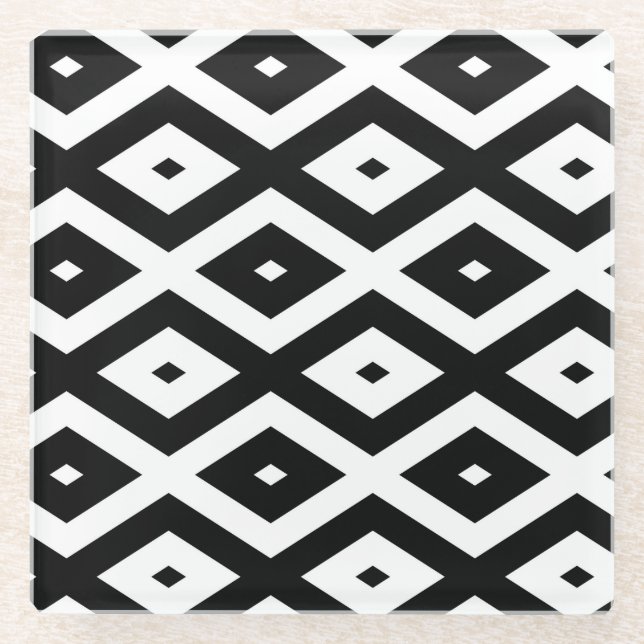 Black and white diamond pattern glass coaster (Front)