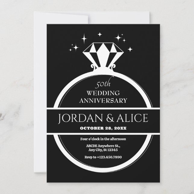 Black and white diamond ring wedding anniversary invitation (Front)