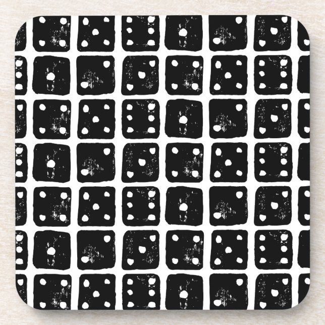 Black and White Dice 1-6 Rustic Linocut Coaster (Front)