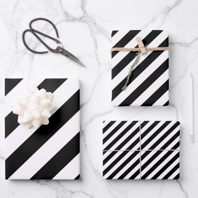 Black and White Different Sizes Diagonal Stripes Wrapping Paper Sheet (Front)