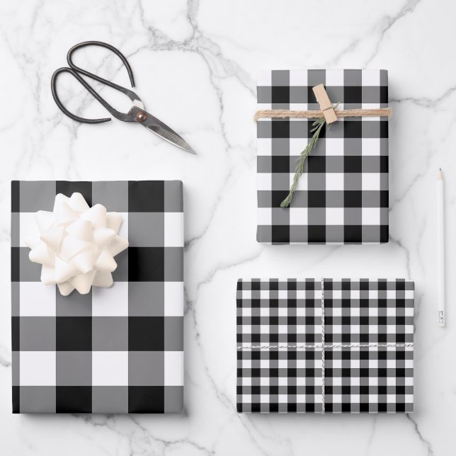 Black and White Different Sizes Gingham Checks Wrapping Paper Sheet (Front)
