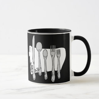 Black and White Dinnerware on Black Coffee Mug
