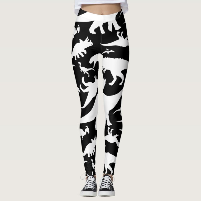 Black and White Dinosaur Pattern Leggings (Front)