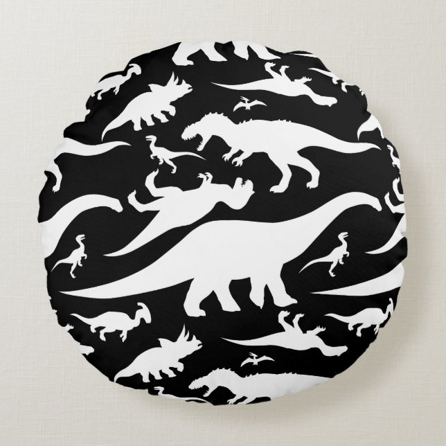 Black and White Dinosaur Pattern Round Cushion (Front)