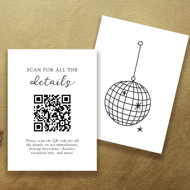 Black and White Disco Ball Wedding Details QR Code Enclosure Card (Creator Uploaded)