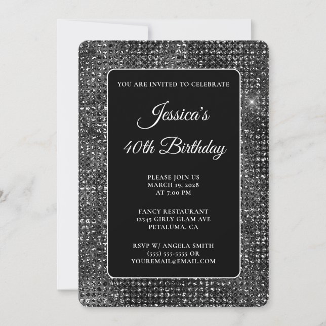 Black and White Disco Glitter 40th Birthday Invitation (Front)